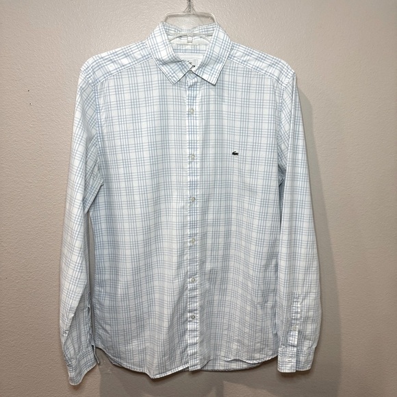 Lacoste Other - Lacoste Blue & White Casual Button Down Shirt Regular Fit w Alligator Logo Sz 38